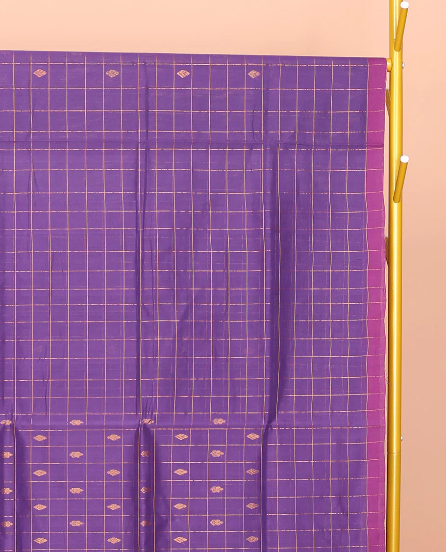 Violet Venkatagiri Cotton Saree, Accentuated with Butta Enclosed Checks, a Contrast Zari-Thread Border, Pallu of Stripes, and No Blouse - Image 2
