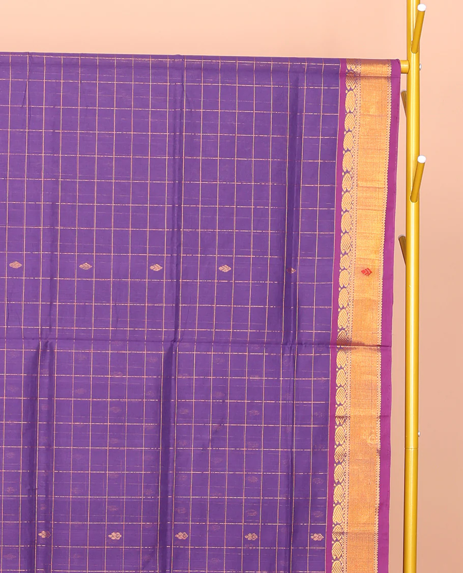 Violet Venkatagiri Cotton Saree, Accentuated with Butta Enclosed Checks, a Contrast Zari-Thread Border, Pallu of Stripes, and No Blouse - Image 3