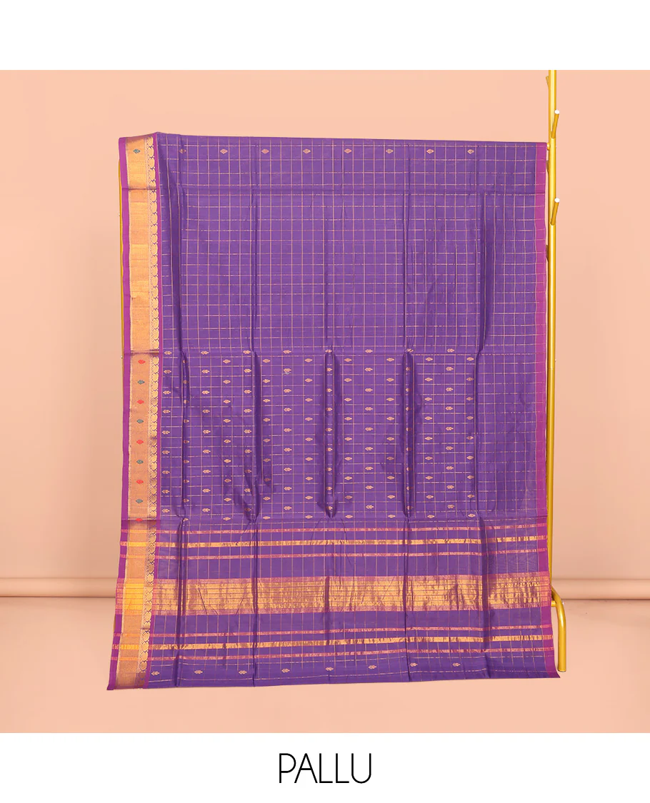Violet Venkatagiri Cotton Saree, Accentuated with Butta Enclosed Checks, a Contrast Zari-Thread Border, Pallu of Stripes, and No Blouse - Image 4