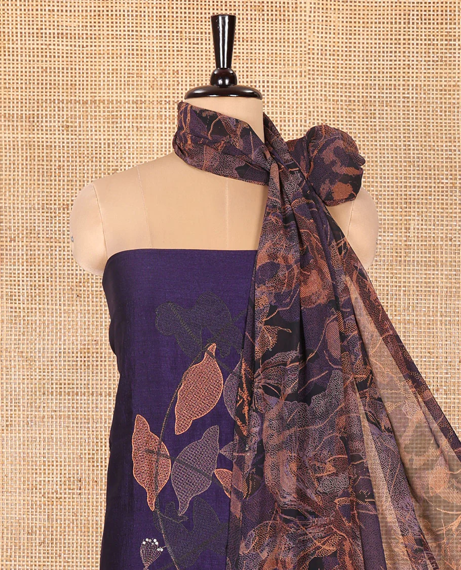 Violet Vichitra Silk Designer Material Chudidar Set, Uniquely Decorated with Floral Cross-Stiched Embroidered Top, A Subtly Plain Santoon Bottom, and Paired with a Georgette Abstract Printed Dupatta - Image 3