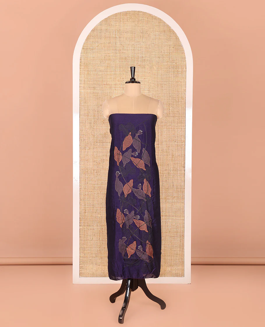 Violet Vichitra Silk Designer Material Chudidar Set, Uniquely Decorated with Floral Cross-Stiched Embroidered Top, A Subtly Plain Santoon Bottom, and Paired with a Georgette Abstract Printed Dupatta - Image 4