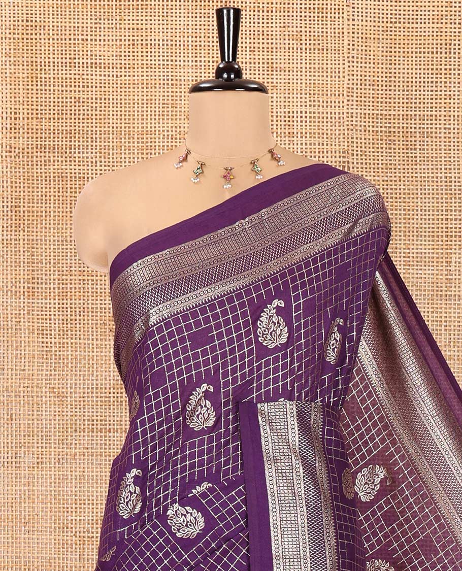 Violet Vichitra Silk Saree Features Checks and Paisley Buttas, Highlighted by a Traditional Zari Border and Contrast Embroidered Blouse - Image 2