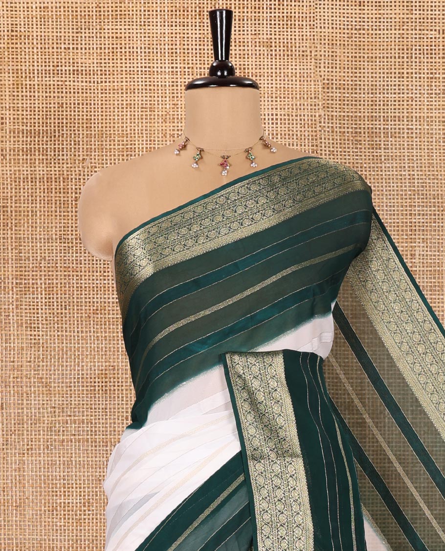 White and Green Georgette Saree, Subtly Sparkled with Horizontal Zari Stripes All Over Its Body, Complemented by a Contrast Traditional Zari Design Border, Gleaming Zari Striped Pallu, and Paired with a Contrast Blouse - Image 2