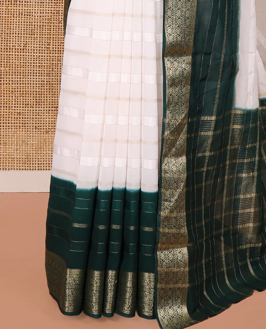 White and Green Georgette Saree, Subtly Sparkled with Horizontal Zari Stripes All Over Its Body, Complemented by a Contrast Traditional Zari Design Border, Gleaming Zari Striped Pallu, and Paired with a Contrast Blouse - Image 3