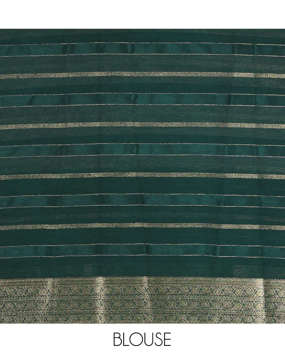 White and Green Georgette Saree, Subtly Sparkled with Horizontal Zari Stripes All Over Its Body, Complemented by a Contrast Traditional Zari Design Border, Gleaming Zari Striped Pallu, and Paired with a Contrast Blouse - Image 4