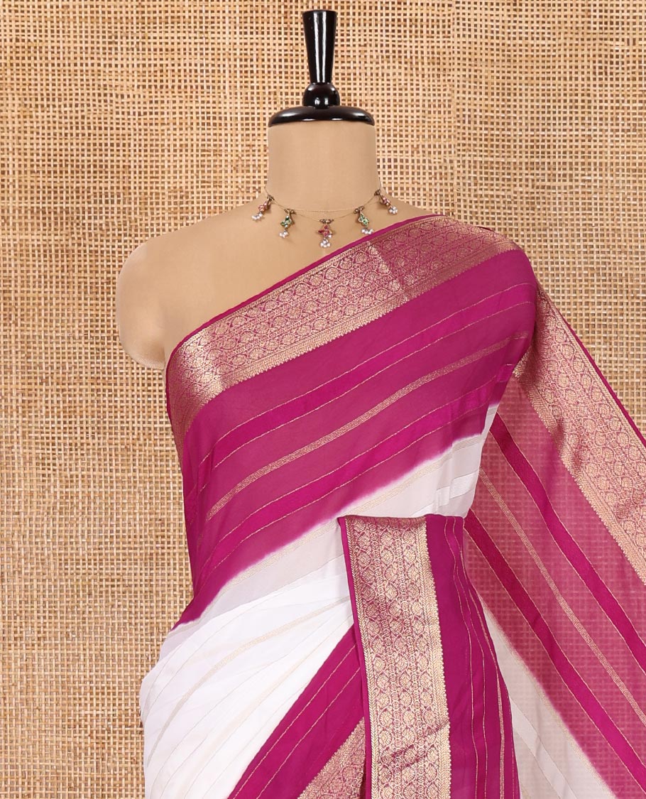 White and Purple Georgette Saree, Subtly Sparkled with Horizontal Zari Stripes All Over Its Body, Complemented by a Contrast Traditional Zari Design Border, Gleaming Zari Striped Pallu, and Paired with a Contrast Blouse - Image 2