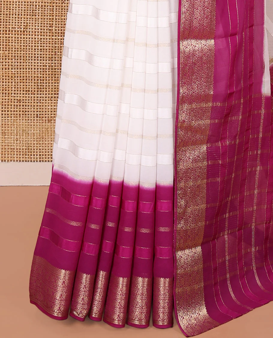 White and Purple Georgette Saree, Subtly Sparkled with Horizontal Zari Stripes All Over Its Body, Complemented by a Contrast Traditional Zari Design Border, Gleaming Zari Striped Pallu, and Paired with a Contrast Blouse - Image 3