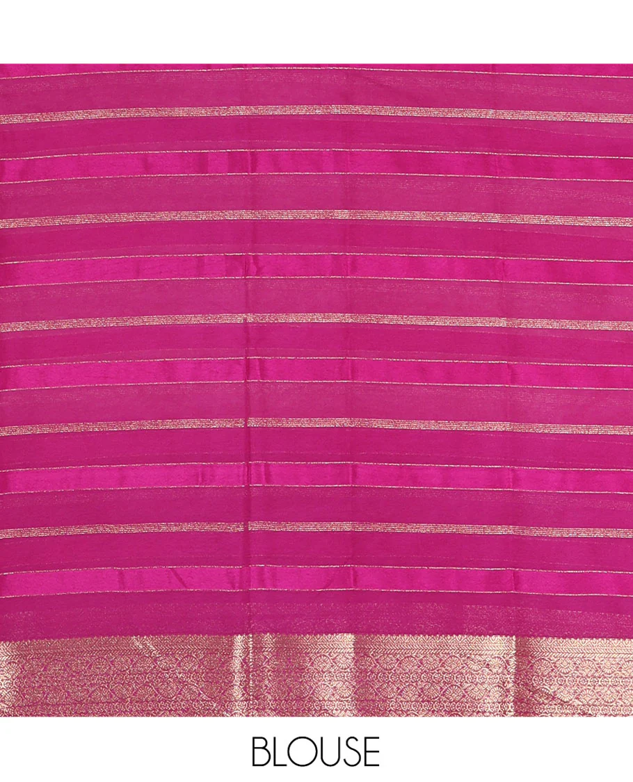 White and Purple Georgette Saree, Subtly Sparkled with Horizontal Zari Stripes All Over Its Body, Complemented by a Contrast Traditional Zari Design Border, Gleaming Zari Striped Pallu, and Paired with a Contrast Blouse - Image 4