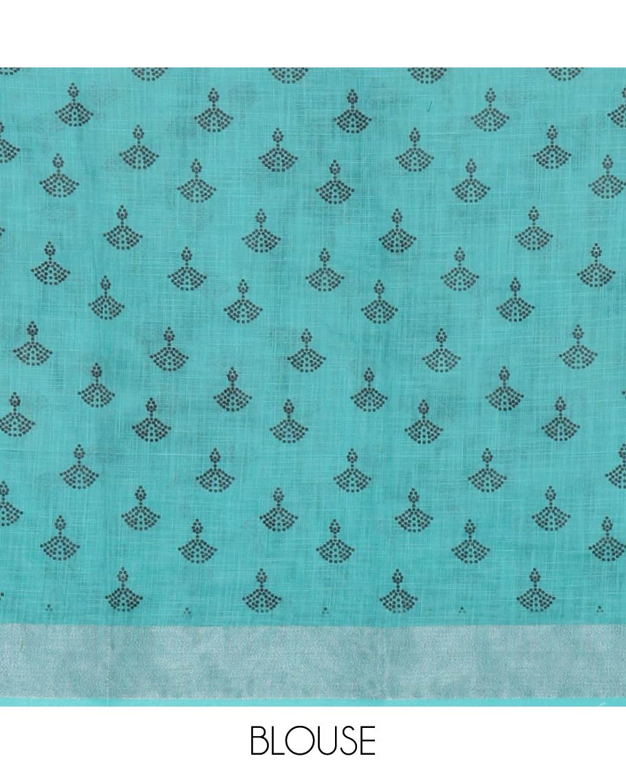 White and Rama Linen Cotton Saree, Bedecked with Silhouette-Style Floral Motifs Printed on Its Body, Complemented by Contrast Bavanji Border, Pallu of Silhouette-Style Floral Print, and Comes with a Matching Blouse - Image 3