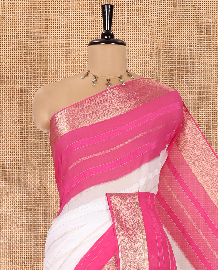 White and Rani Georgette Saree, Subtly Sparkled with Horizontal Zari Stripes All Over Its Body, Complemented by a Contrast Traditional Zari Design Border, Gleaming Zari Striped Pallu, and Paired with a Contrast Blouse - Image 2