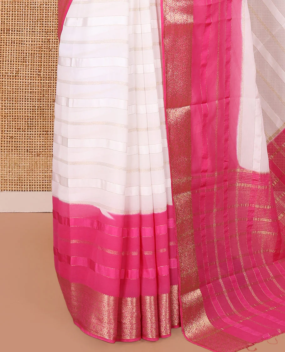 White and Rani Georgette Saree, Subtly Sparkled with Horizontal Zari Stripes All Over Its Body, Complemented by a Contrast Traditional Zari Design Border, Gleaming Zari Striped Pallu, and Paired with a Contrast Blouse - Image 3
