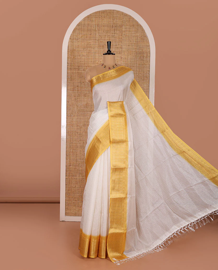 White and Yellow  Dola Silk Saree Decked Up with Vertical Zari Stripes All Over the Body, Complemented by a Contrast Border of Traditional Zari Designs, Self-Pallu of Stripes, and Paired with a Contrast Blouse - Image 4
