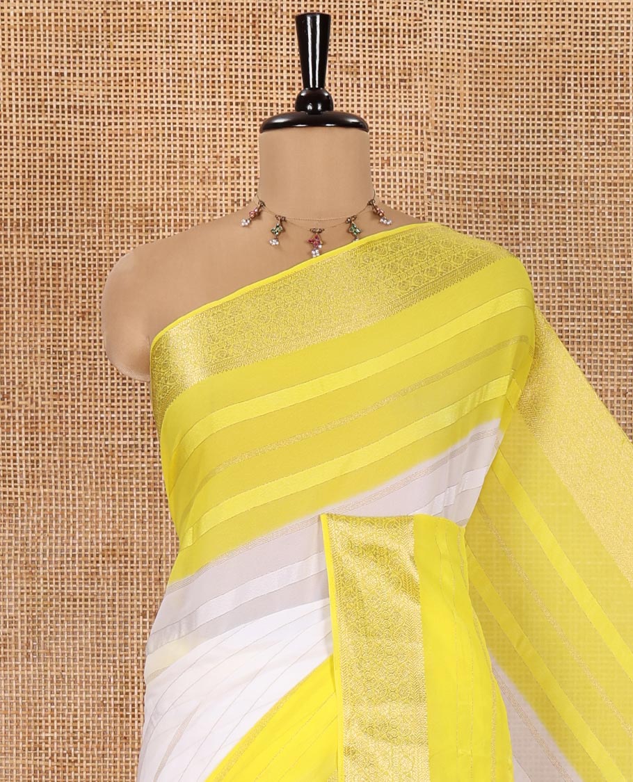 White and Yellow Georgette Saree, Subtly Sparkled with Horizontal Zari Stripes All Over Its Body, Complemented by a Contrast Traditional Zari Design Border, Gleaming Zari Striped Pallu, and Paired with a Contrast Blouse - Image 2