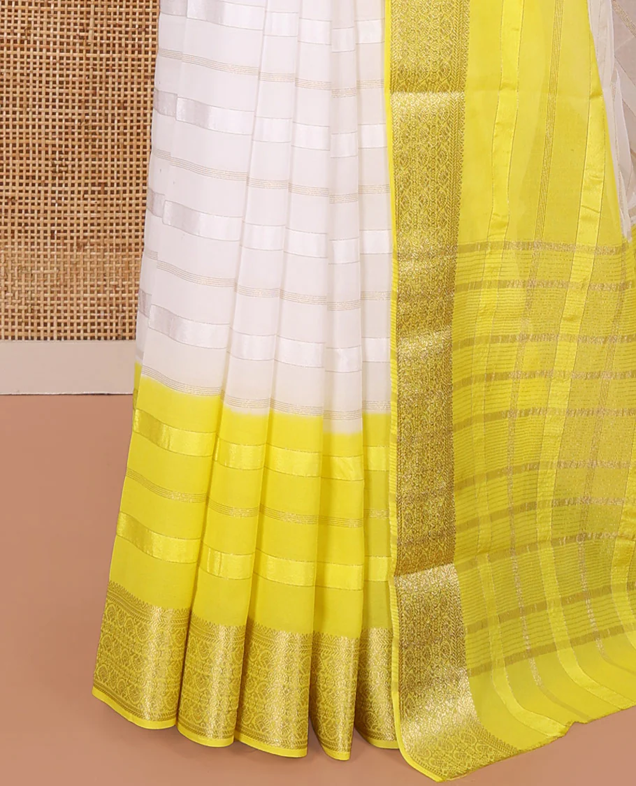 White and Yellow Georgette Saree, Subtly Sparkled with Horizontal Zari Stripes All Over Its Body, Complemented by a Contrast Traditional Zari Design Border, Gleaming Zari Striped Pallu, and Paired with a Contrast Blouse - Image 3