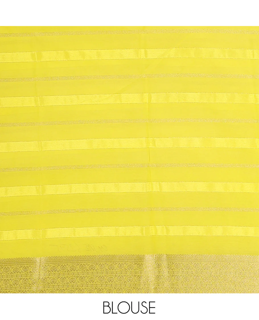 White and Yellow Georgette Saree, Subtly Sparkled with Horizontal Zari Stripes All Over Its Body, Complemented by a Contrast Traditional Zari Design Border, Gleaming Zari Striped Pallu, and Paired with a Contrast Blouse - Image 4