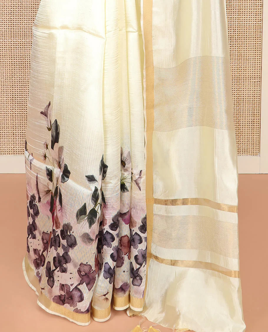 White Banana Pith Saree Mesmerized with Floral Motifs Print, Zari Bavanji Border, Subtle Pallu of Zari Stripes, and Paired with a Contrast Floral Printed Blouse - Image 4