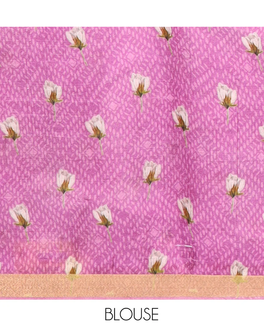 White Banana Pith Saree Mesmerized with Floral Motifs Print, Zari Bavanji Border, Subtle Pallu of Zari Stripes, and Paired with a Contrast Floral Printed Blouse - Image 5