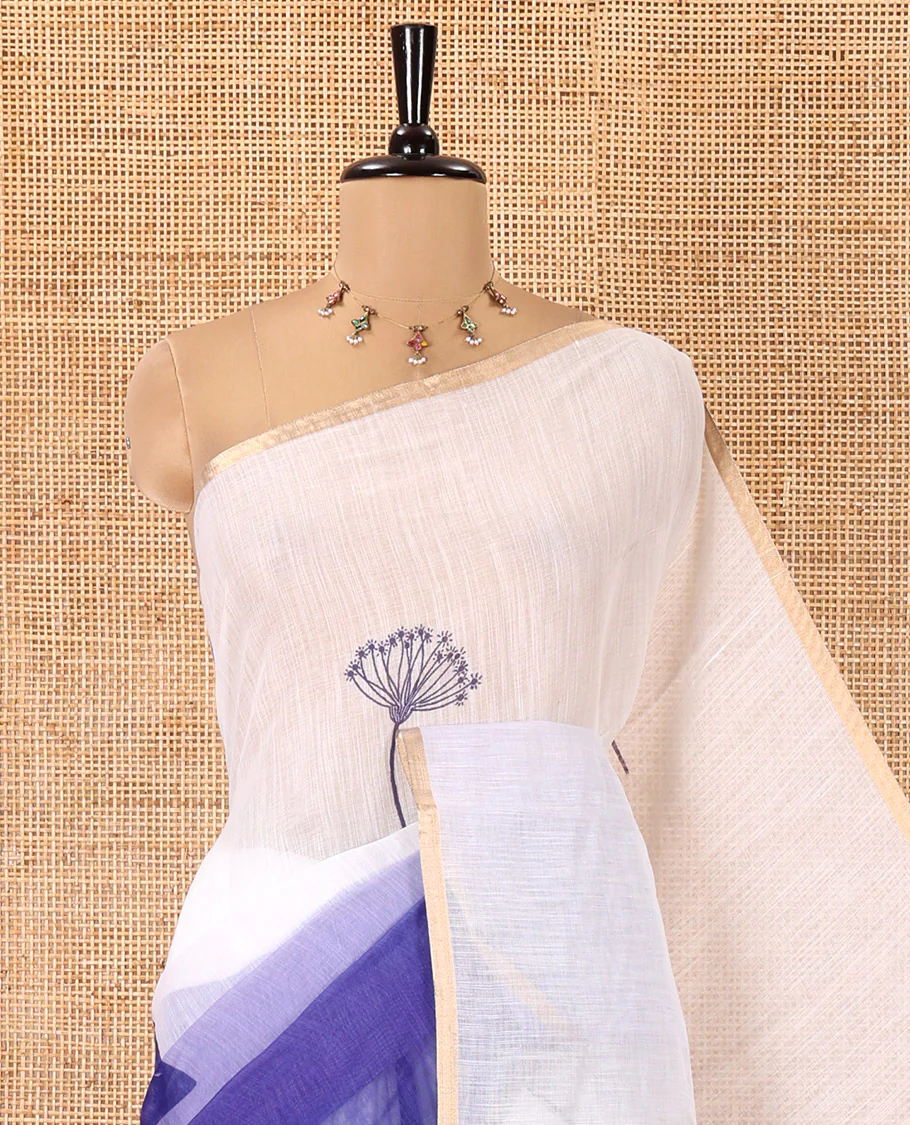 White-Blue Linen Cotton Saree Features Floral Print, Ombre-Style Dual-Color, a Piping Border, and a Contrast Blouse - Image 2