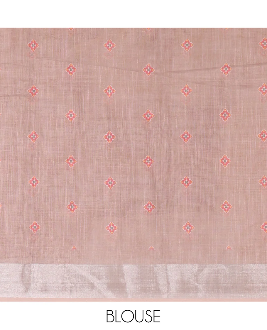 White-Brown Linen Cotton Saree Features Horizontal Stripes on Its Body, Complemented by a Contrast Zari Border, Multi-Color Striped Pallu, and Paired with a Contrast Blouse - Image 3