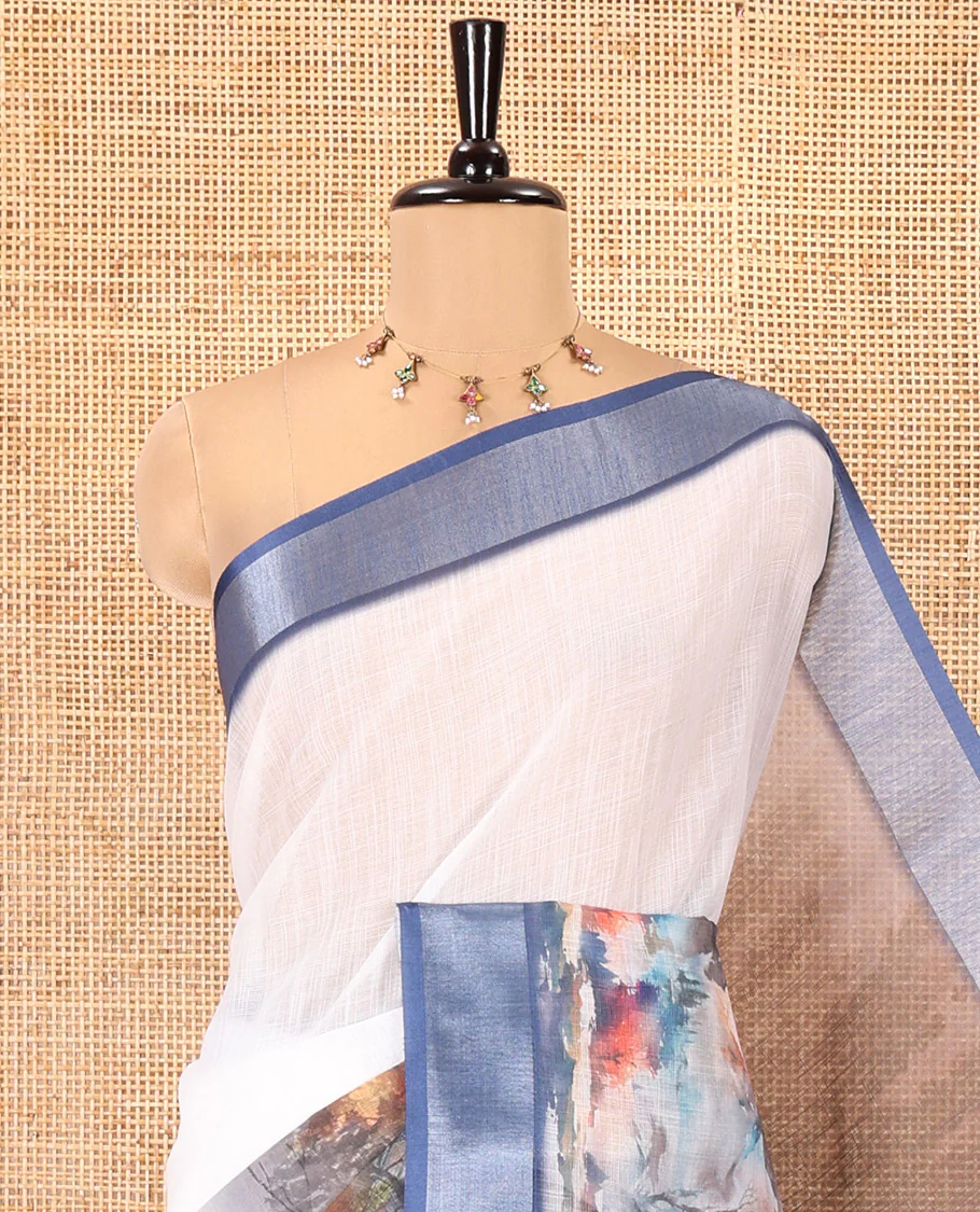 White-Brown Linen Cotton Saree, Meticulously Printed with Nature-Themed Scenery, Contrast Zari Border, and a Contrast Blouse - Image 2
