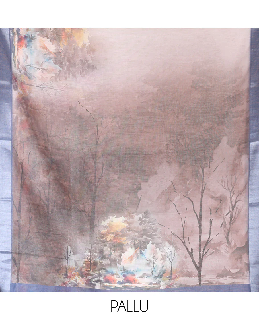 White-Brown Linen Cotton Saree, Meticulously Printed with Nature-Themed Scenery, Contrast Zari Border, and a Contrast Blouse - Image 3