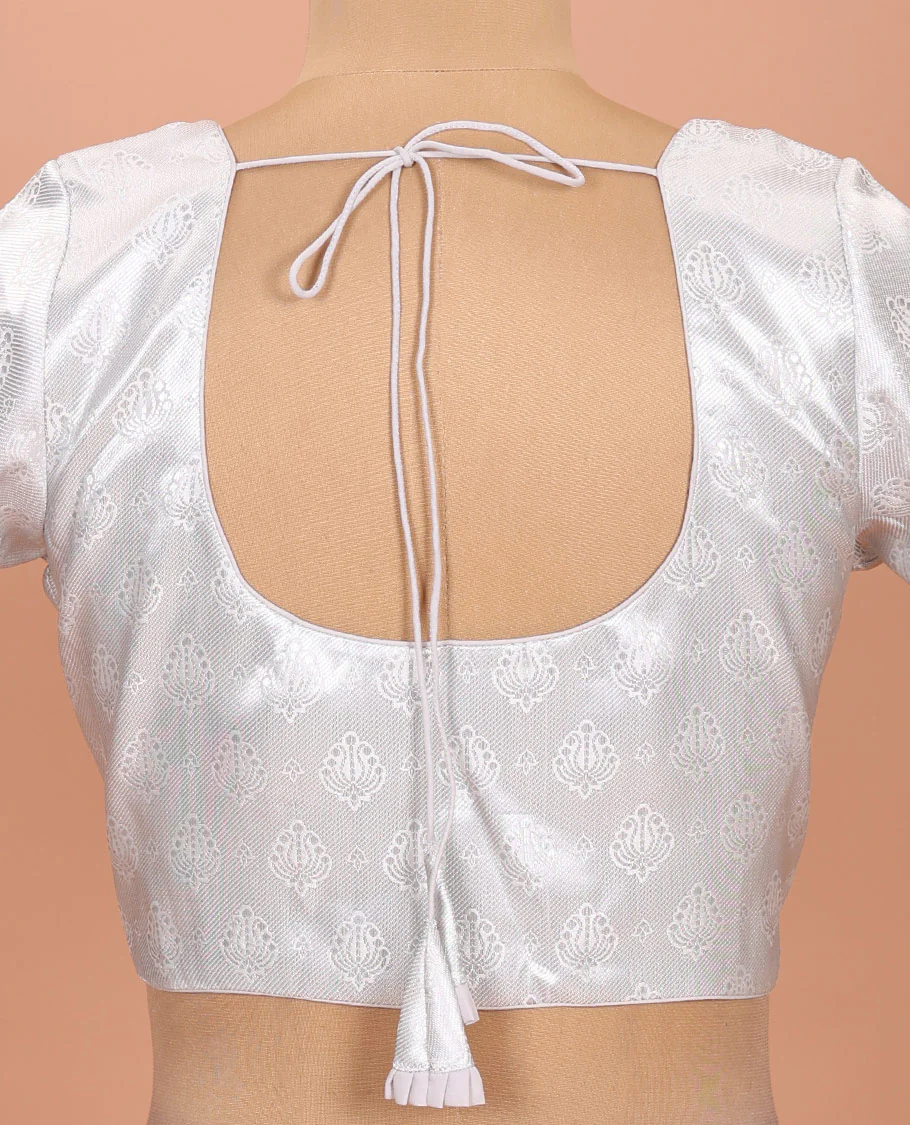 White buttas front-back round neck elbow-sleeve readymade blouse - Image 4