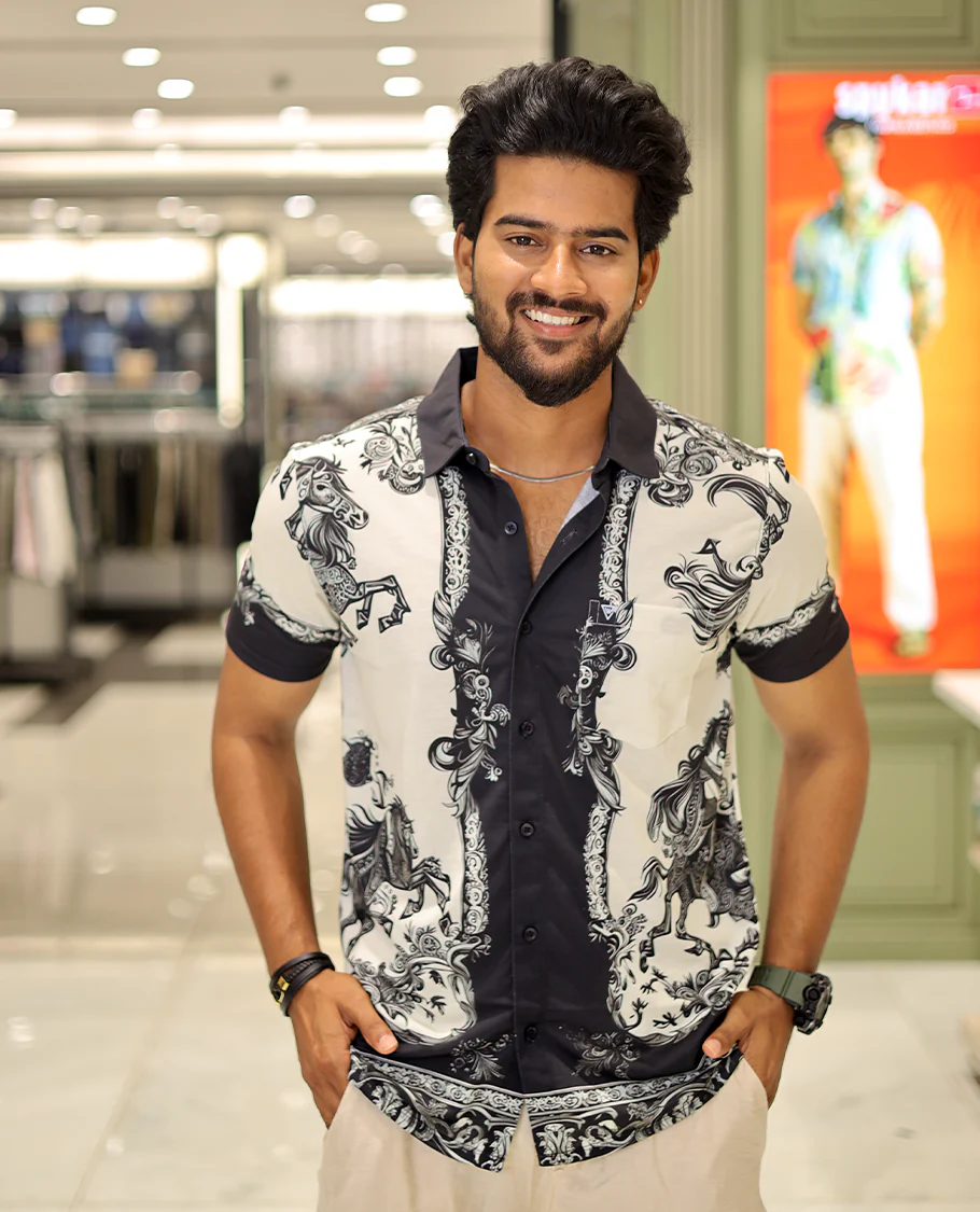 White Cotton-Blended Casual Shirt, Adorned with a Floral-Swan Print, Half-Sleeves, Spread Collar, Regular Fit, and Regular Length