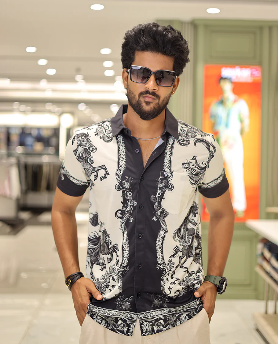 White Cotton-Blended Casual Shirt, Adorned with a Floral-Swan Print, Half-Sleeves, Spread Collar, Regular Fit, and Regular Length - Image 2