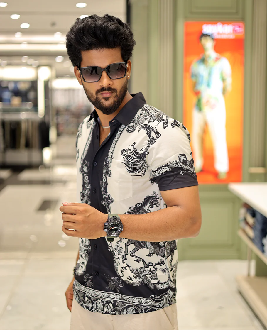 White Cotton-Blended Casual Shirt, Adorned with a Floral-Swan Print, Half-Sleeves, Spread Collar, Regular Fit, and Regular Length - Image 3
