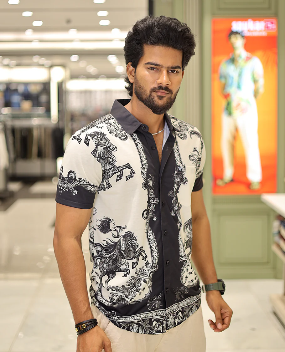 White Cotton-Blended Casual Shirt, Adorned with a Floral-Swan Print, Half-Sleeves, Spread Collar, Regular Fit, and Regular Length - Image 4