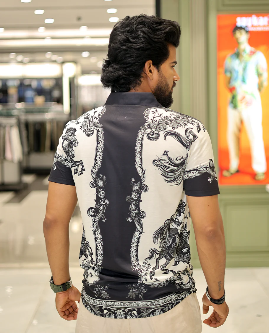 White Cotton-Blended Casual Shirt, Adorned with a Floral-Swan Print, Half-Sleeves, Spread Collar, Regular Fit, and Regular Length - Image 5
