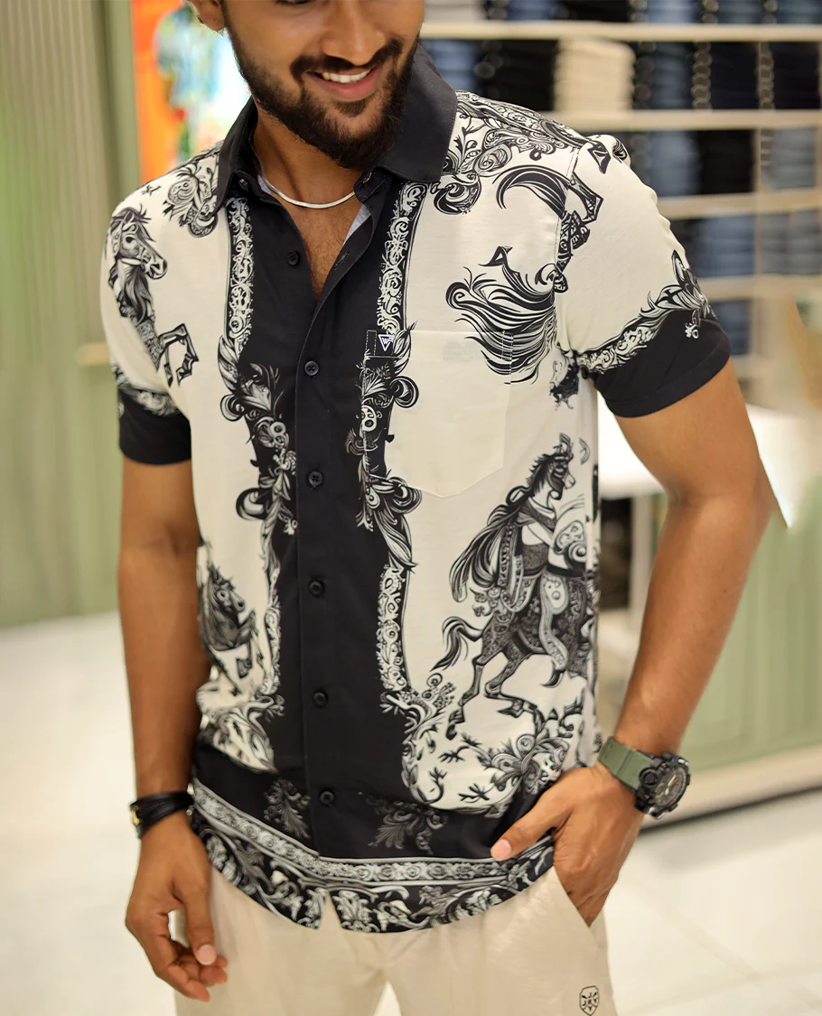 White Cotton-Blended Casual Shirt, Adorned with a Floral-Swan Print, Half-Sleeves, Spread Collar, Regular Fit, and Regular Length - Image 6