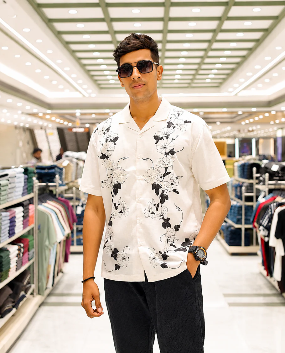 White Cotton-Blended Casual Shirt, Adorned with Floral Print and Embroidery, Featuring a Cuban Collar, Half Sleeves, Slim Fit, and Regular Length - Image 2