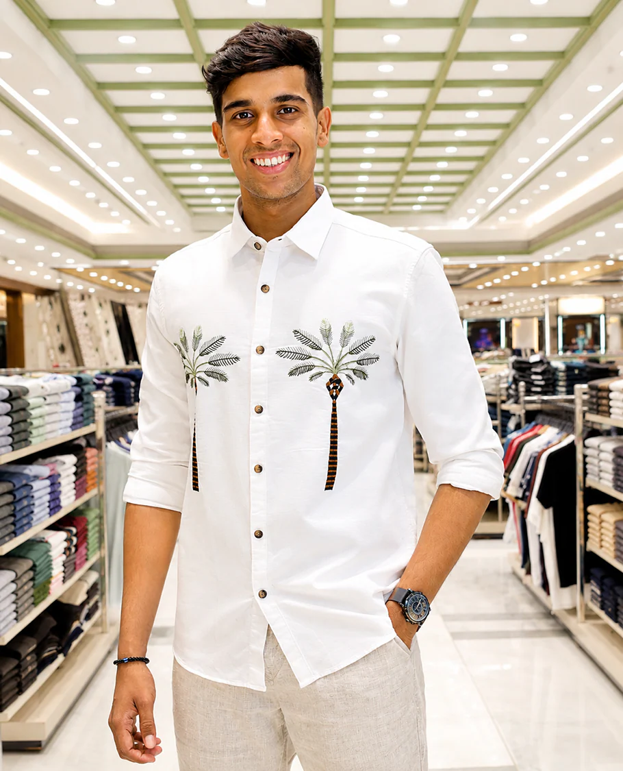 White Cotton-Blended Casual Shirt, Artfully Designed with Palm Tree Motifs Embroidery, Featuring a Spread Collar, Full Sleeves, Slim Fit, and Regular Length - Image 2