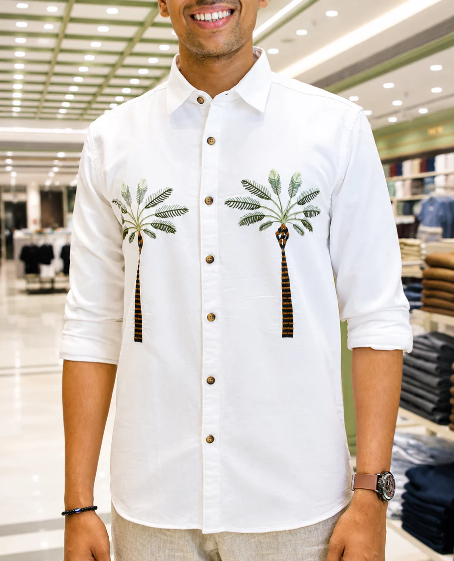 White Cotton-Blended Casual Shirt, Artfully Designed with Palm Tree Motifs Embroidery, Featuring a Spread Collar, Full Sleeves, Slim Fit, and Regular Length - Image 5