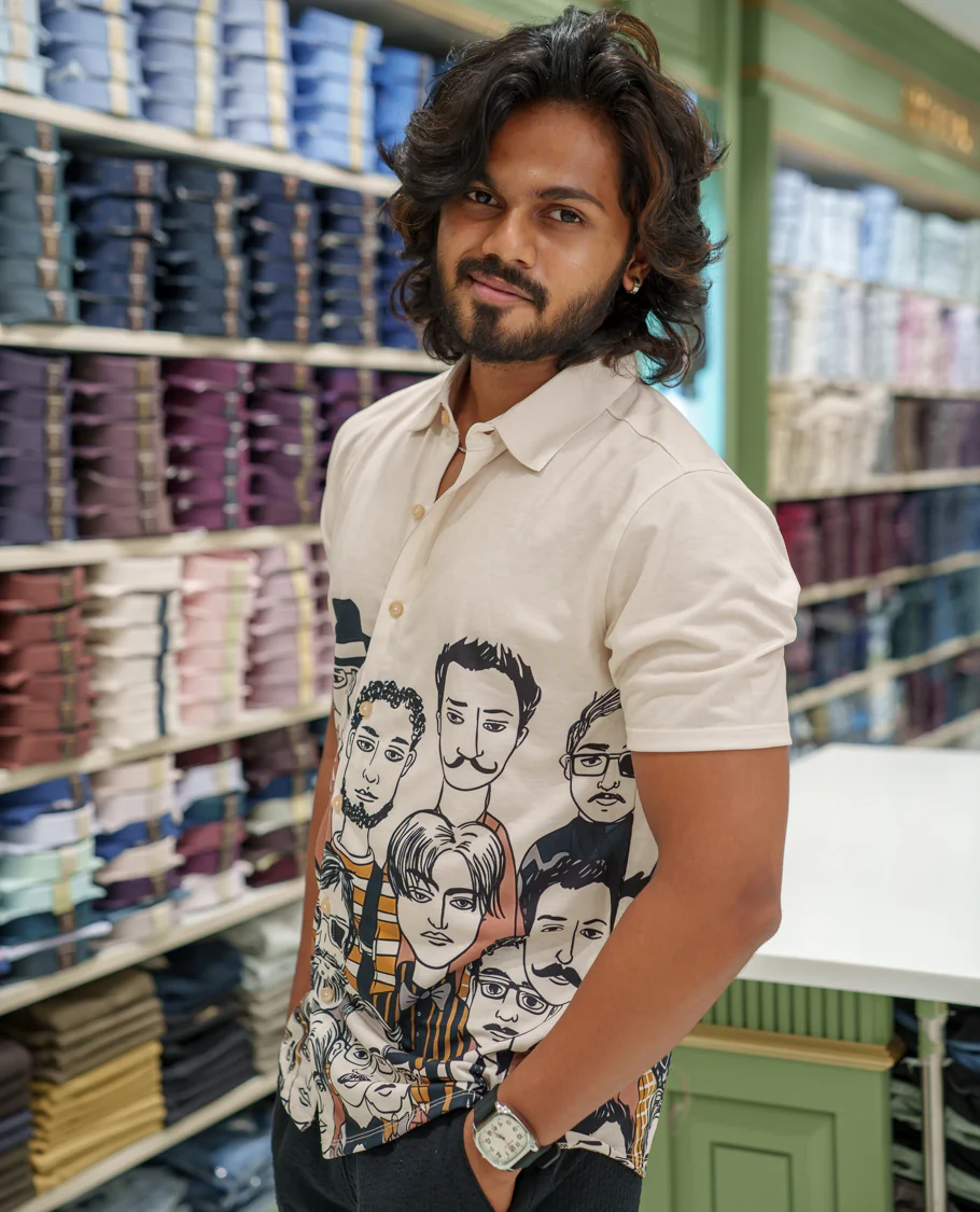 White Cotton-Blended Casual Shirt Comes with Human Figurines Print, Spread Collar, Half Sleeves, Regular Fit, and Regular Length - Image 3