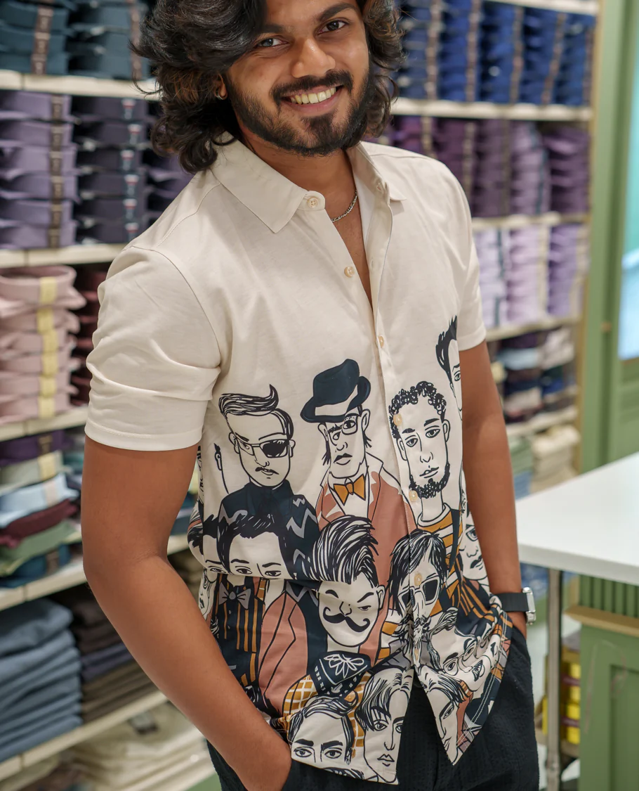 White Cotton-Blended Casual Shirt Comes with Human Figurines Print, Spread Collar, Half Sleeves, Regular Fit, and Regular Length - Image 4