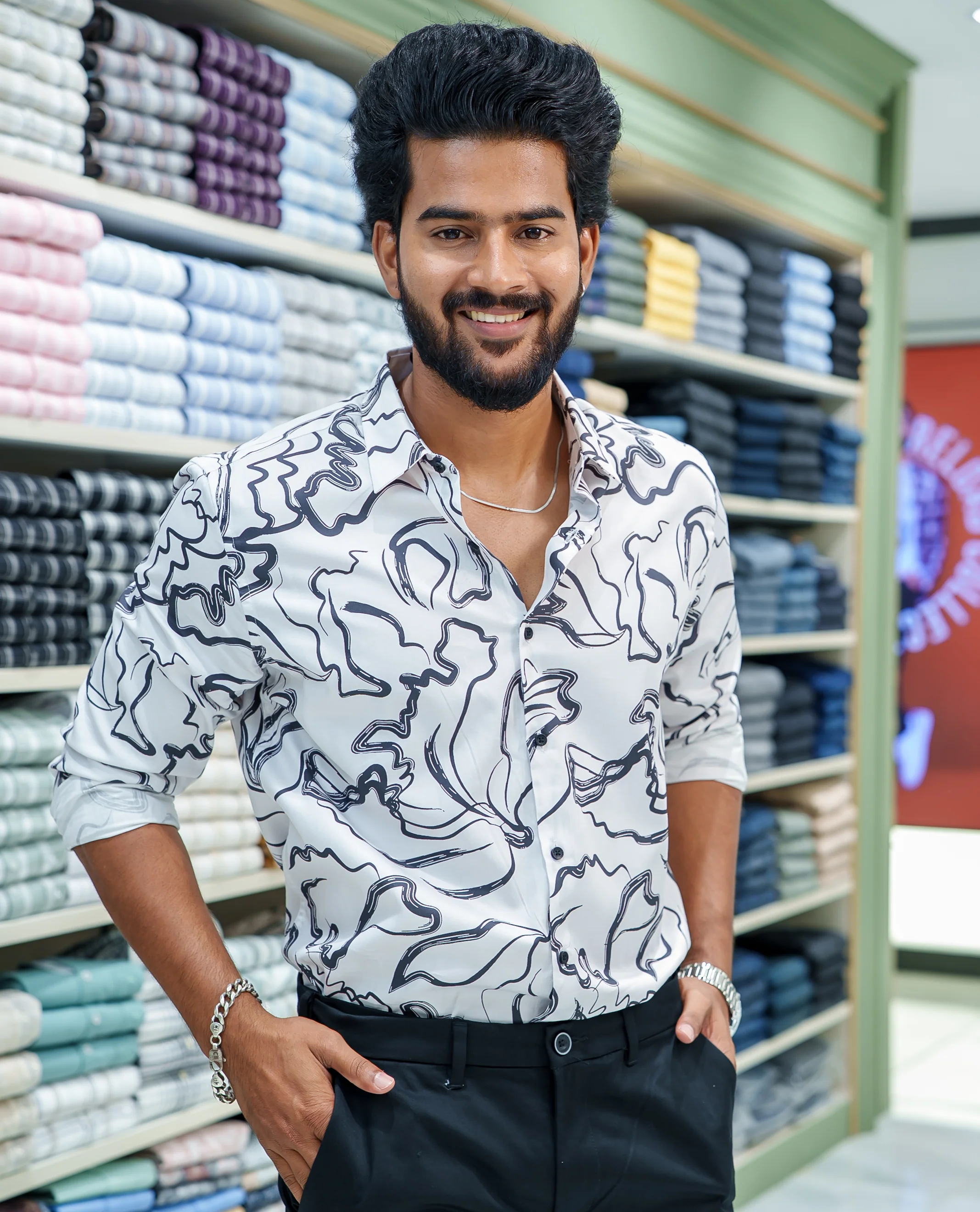 White Cotton Blended Casual Shirt, Gracefully Embellished with Abstract Design Prints, Featuring a Spread Collar, Full Sleeves, Slim Fit, and Regular Length - Image 3
