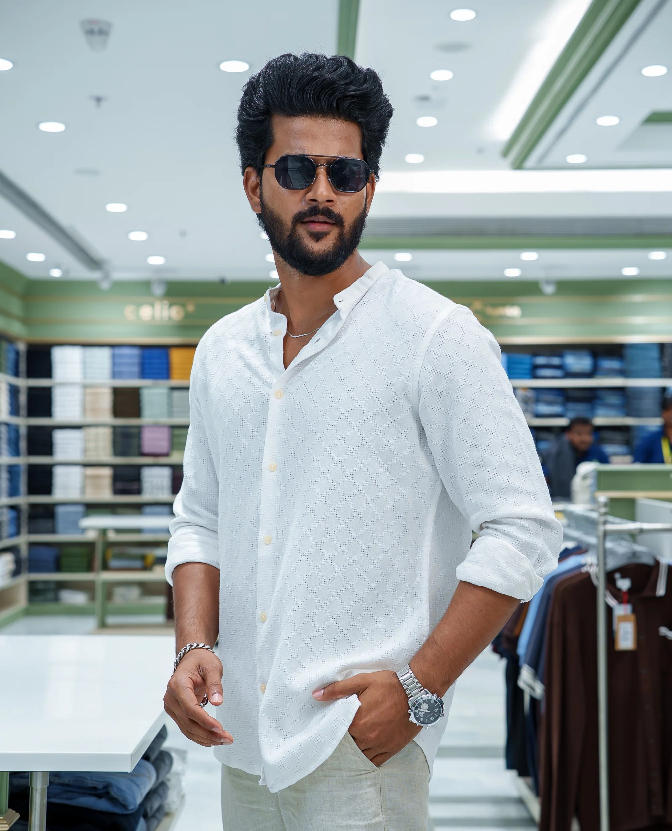 White Cotton Blended Casual Shirt, Subtly Sparkled with Diamond-Patterns Texture, Featuring a Mandarin Collar, Full Sleeves, Slim Fit, and Regular Length - Image 2
