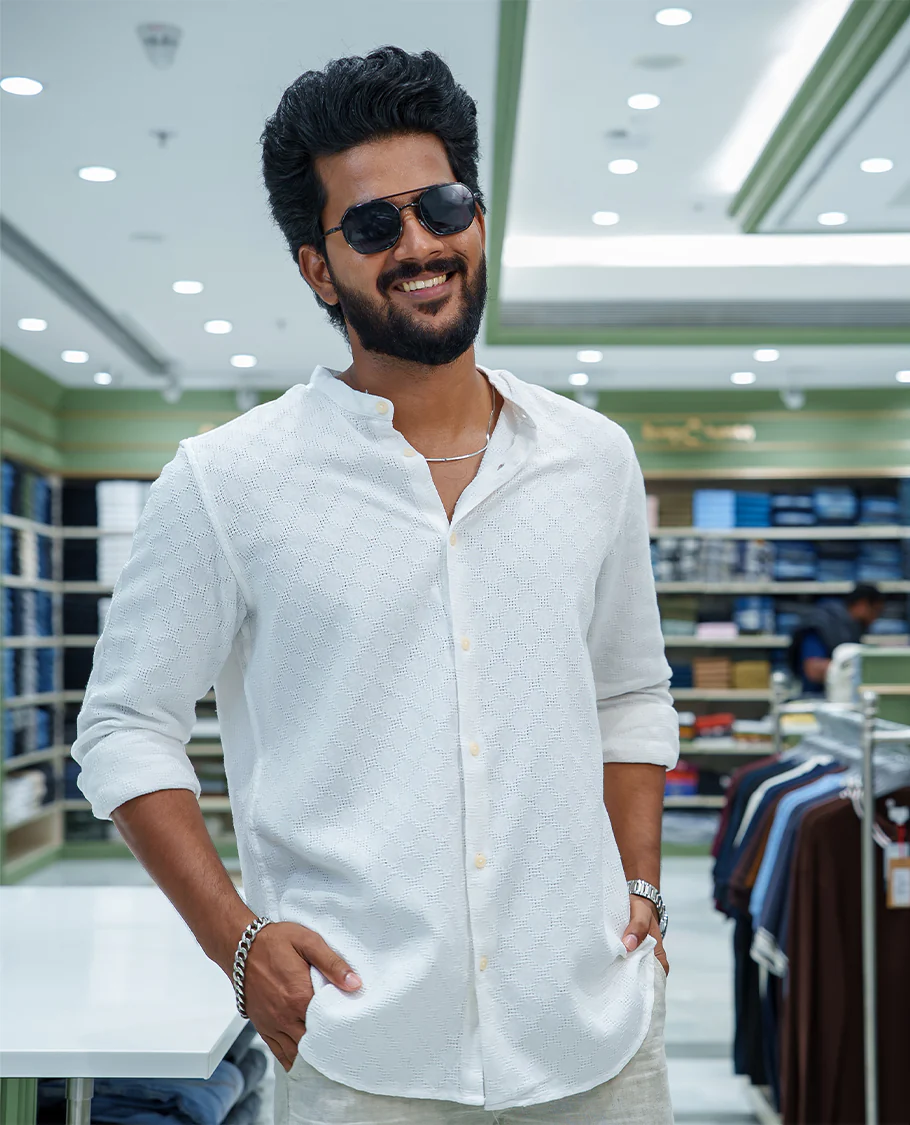 White Cotton Blended Casual Shirt, Subtly Sparkled with Diamond-Patterns Texture, Featuring a Mandarin Collar, Full Sleeves, Slim Fit, and Regular Length - Image 3