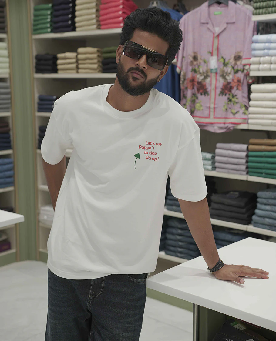 White Cotton-Blended Oversized T-Shirt, Elevated with Multi-Color Funky Motifs Front and Back Print, Comes with a Crew-Neck, Half-Sleeves, and Long Length - Image 5