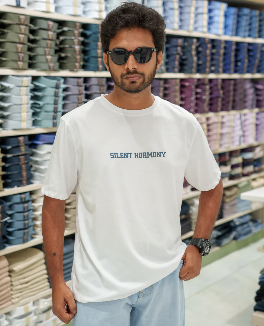 White Cotton-Blended T-Shirt Comes with an Tree-Motifs Back Print, Crew Neck, Half Sleeves, Oversized Fit, and Regular Length