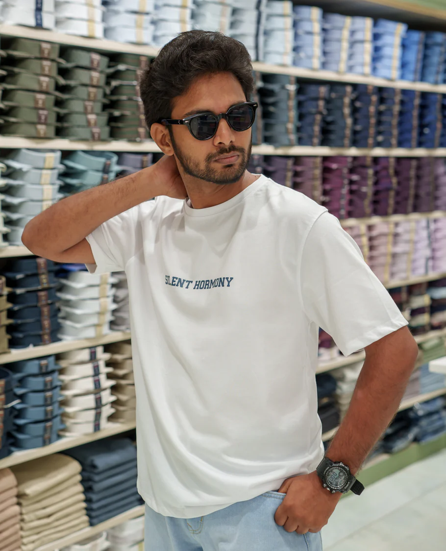 White Cotton-Blended T-Shirt Comes with an Tree-Motifs Back Print, Crew Neck, Half Sleeves, Oversized Fit, and Regular Length - Image 5