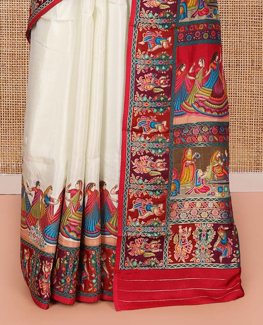 White Dola Silk Saree, Creatively Printed with Human Figurines on Its Body, Complemented by a Contrast Human Figurines Border, Pallu Depicts Colorful Human Figurines, and Paired with a Matching Blouse - Image 4