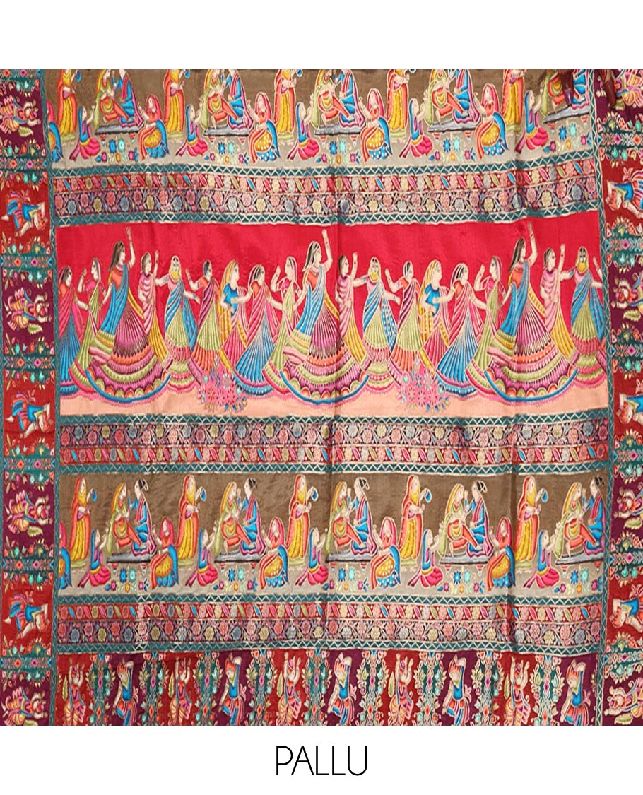 White Dola Silk Saree, Creatively Printed with Human Figurines on Its Body, Complemented by a Contrast Human Figurines Border, Pallu Depicts Colorful Human Figurines, and Paired with a Matching Blouse - Image 5