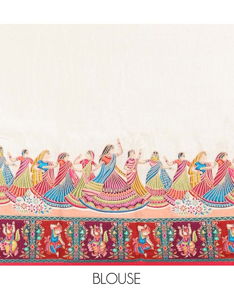 White Dola Silk Saree, Creatively Printed with Human Figurines on Its Body, Complemented by a Contrast Human Figurines Border, Pallu Depicts Colorful Human Figurines, and Paired with a Matching Blouse - Image 6
