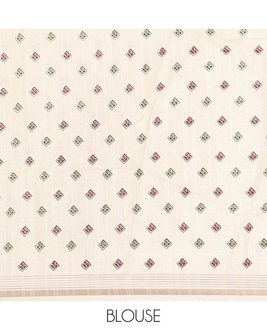 White Dola Silk Saree, Entralled with Leaf Motifs Printed On Its Body, Highlighted by Self-Border of Zari and Print Work, Printed Pallu, and Paired with a Matching Blouse - Image 3
