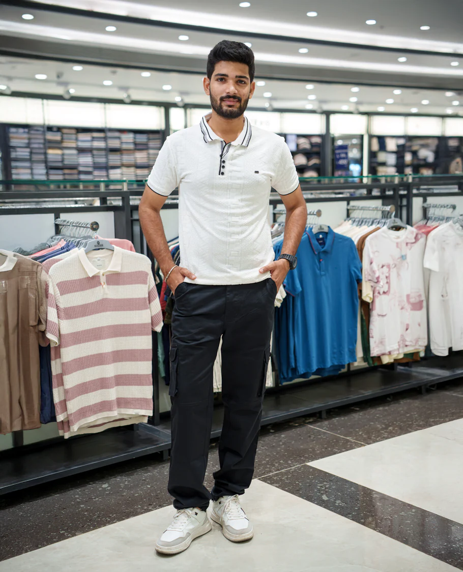 White Geometric-Textured Cotton-Blended T-Shirt Comes with Half-Sleeves, Polo Collar, a Slim Fit, and Regular Length - Image 2