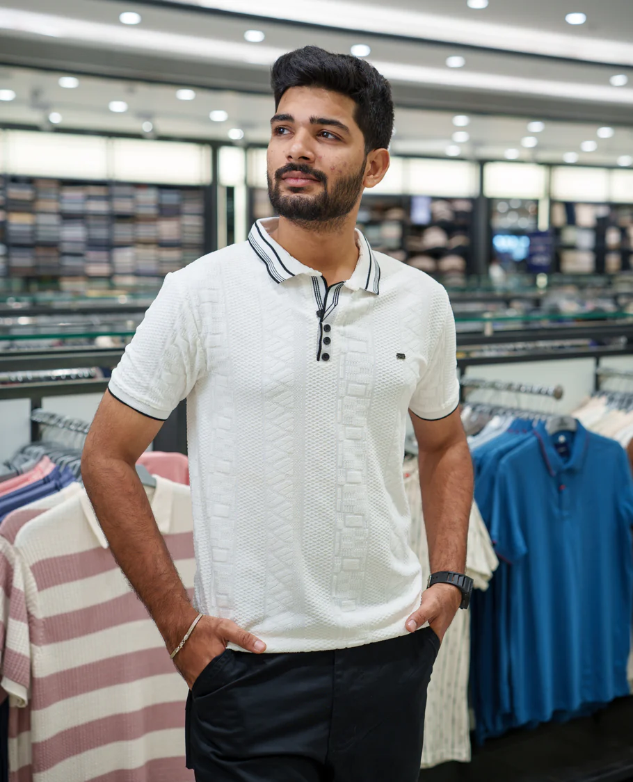 White Geometric-Textured Cotton-Blended T-Shirt Comes with Half-Sleeves, Polo Collar, a Slim Fit, and Regular Length - Image 3