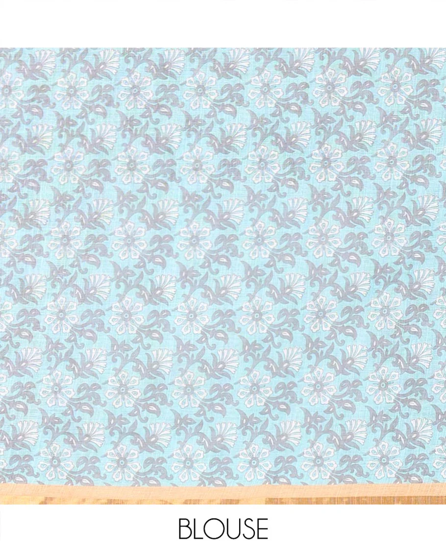White-Green Linen Cotton Saree, Elevated with Shibori-Printed Body, Highlighted by Piping Border, Floral Printed Pallu, and a Contrast Blouse - Image 3